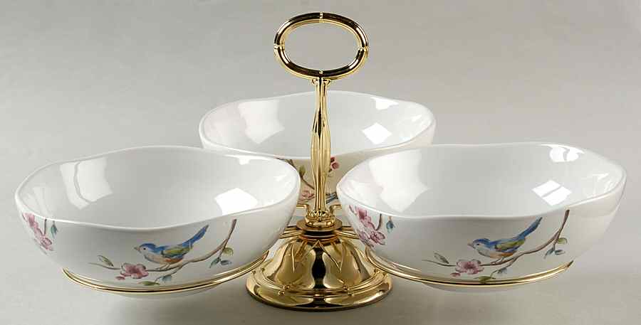 Feathered Friends 7" x 12" 3-Part Relish & Metal Stand (CERC) HC by 222 Fifth (PTS)-1
