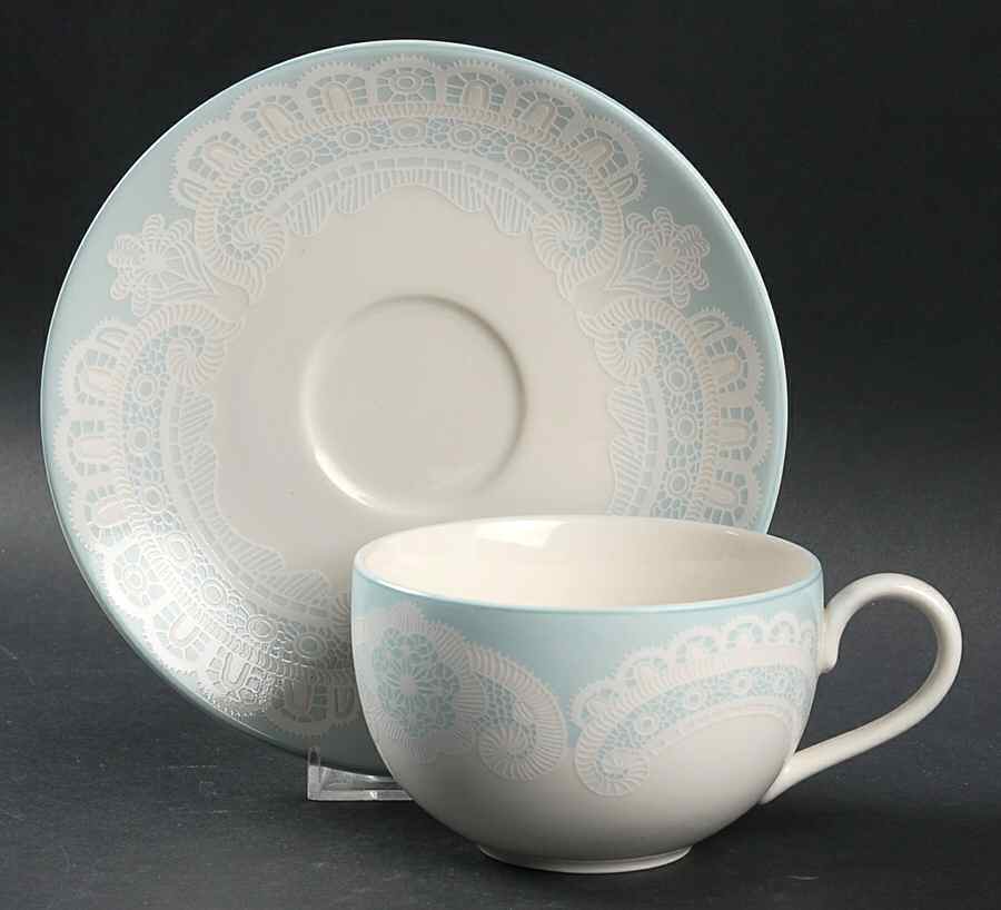 Queen Anne's Lace Blue Flat Cup & Saucer Set by 222 Fifth (PTS)-1