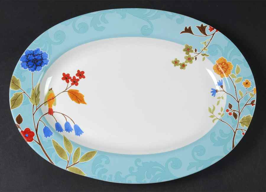 Bird Delight Aqua 14" Oval Serving Platter by 222 Fifth (PTS)-1