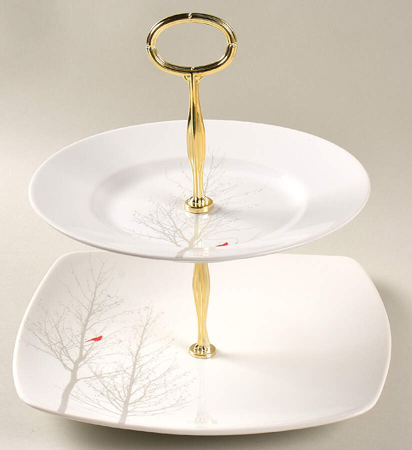 Winter Cardinal 6 5/8"-10"  2 Tiered Serving Tray (Dp, Sp) HC by 222 Fifth (PTS)-1