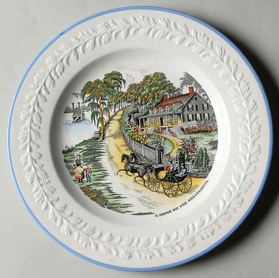 Currier & Ives (Raised Border, Blue Trim) Luncheon Plate by Adams China-1