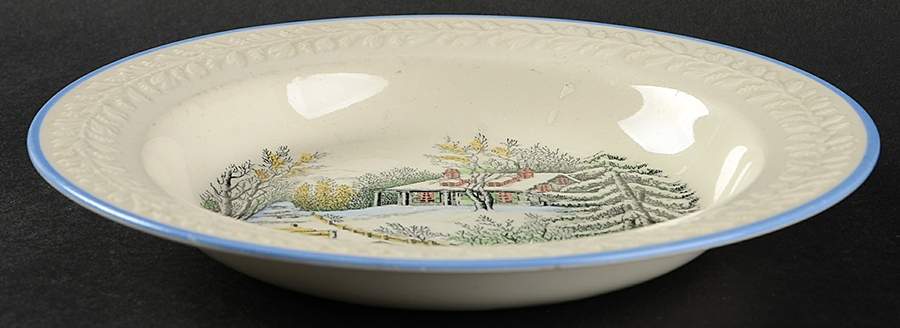 Currier & Ives (Raised Border, Blue Trim) Rim Soup Bowl by Adams China-1