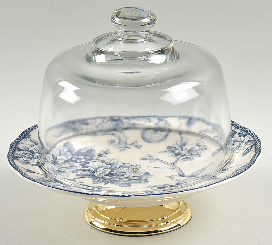 Adelaide Blue and White 6 1/2"-7 1/2" Footed Cheese Plate w/ Glass Dome HC by 222 Fifth (PTS)-1