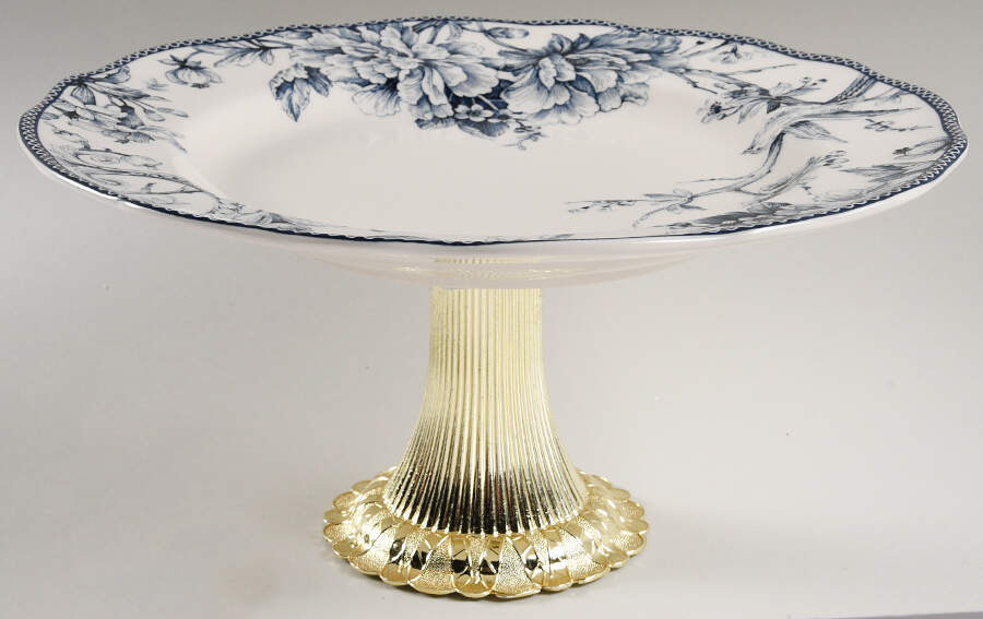 Adelaide Blue and White Cake Stand with 4"-5" Metal Pedestal  Hc by 222 Fifth (PTS)-1