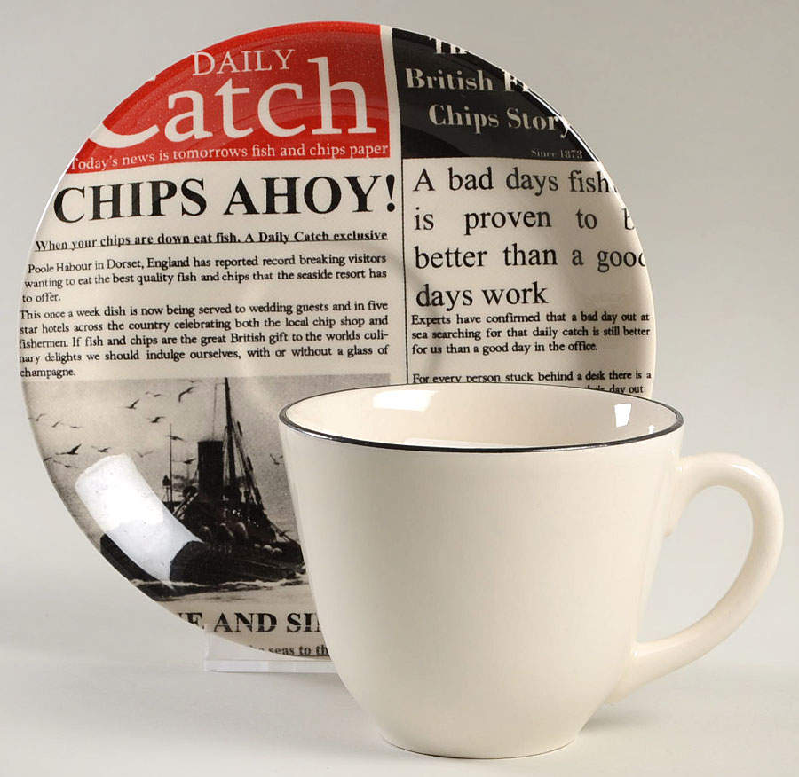 Fish & Chips Flat Cup & Saucer Set by Andrew Tanner-1