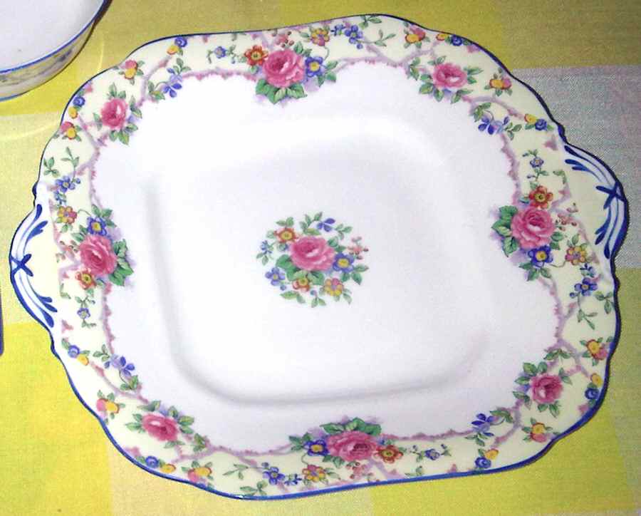 B944 (Smooth, Blue Trim) Square Handled Cake Plate by John  Aynsley & Sons-1