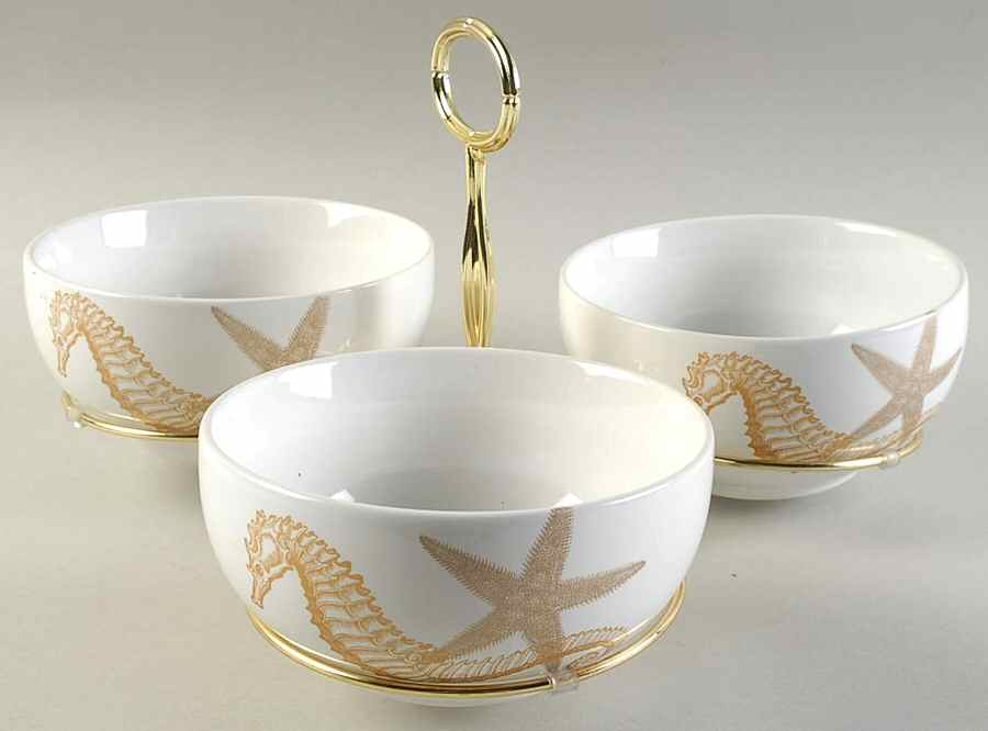 Coastal Life Gold (Yellow) 7" x 12" 3-Part Relish & Metal Stand (CERC) HC by 222 Fifth (PTS)-1