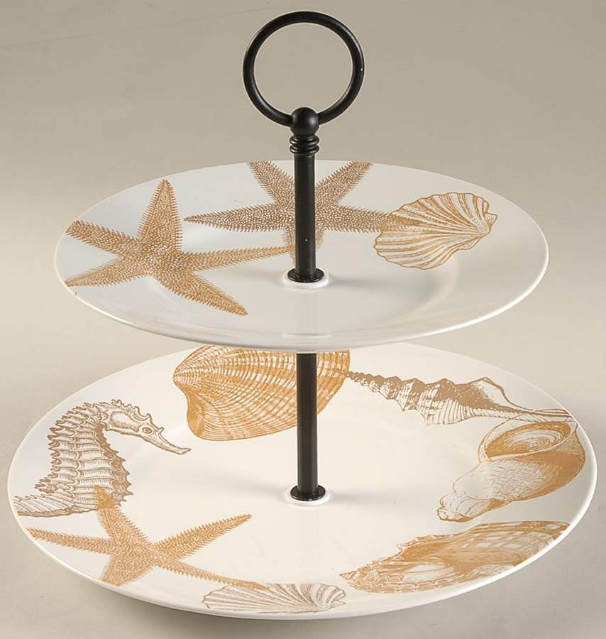 Coastal Life Gold (Yellow) 2 Tiered Serving Tray (Dinner & Salad Motif 4) by 222 Fifth (PTS)-1