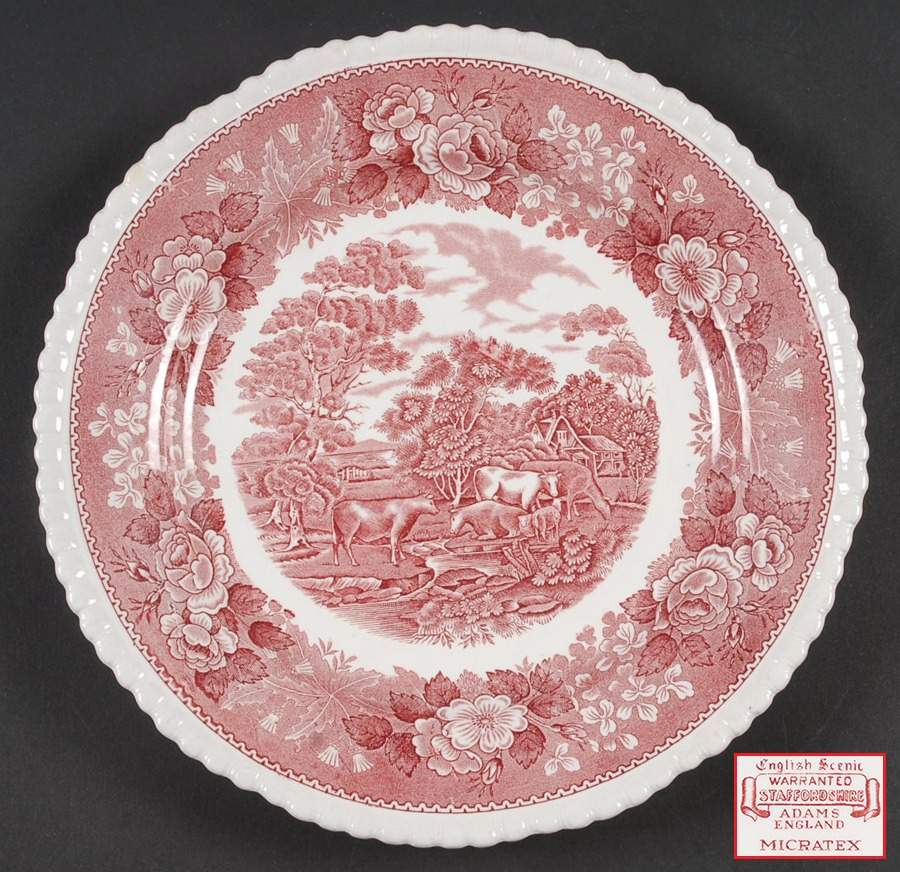 English Scenic Pink (Older, White) Dinner Plate by Adams China-1