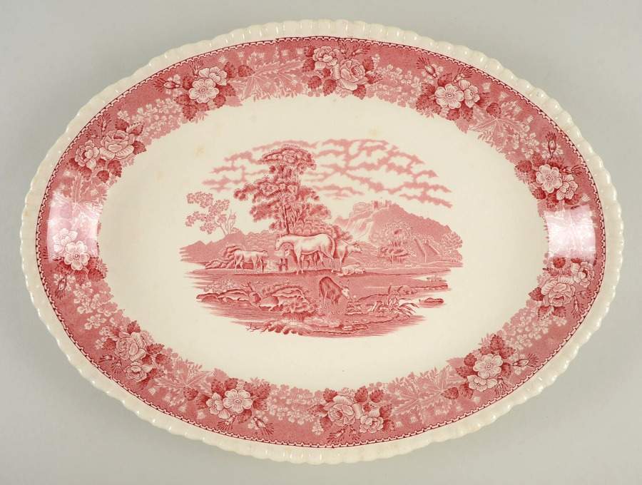 English Scenic Pink (Older, White) 16" Oval Serving Platter by Adams China-1