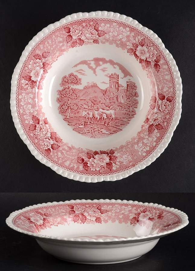 English Scenic Pink (Older, White) Rim Soup Bowl by Adams China-1