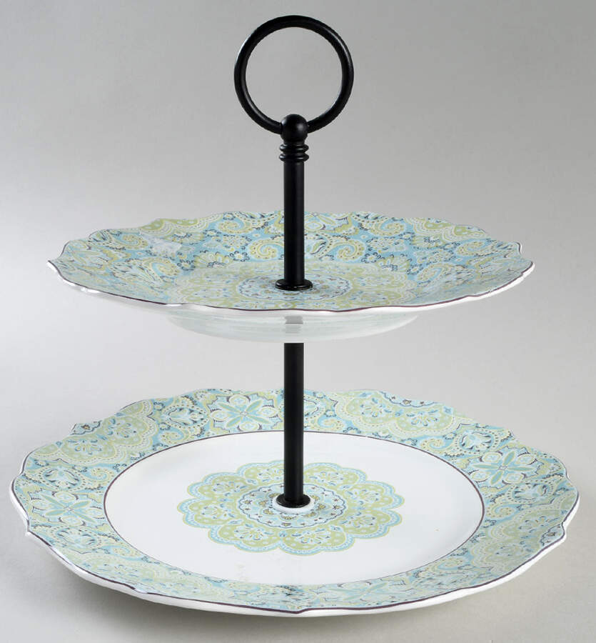 Lyria Teal 2 Tiered Serving Tray (Dinner & Salad Plate) by 222 Fifth (PTS)-1