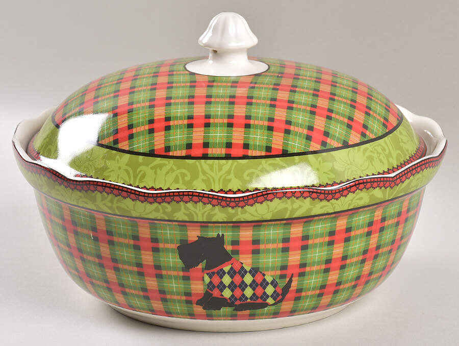 Christmas Scotty Argyle Round Covered Vegetable by 222 Fifth (PTS)-1