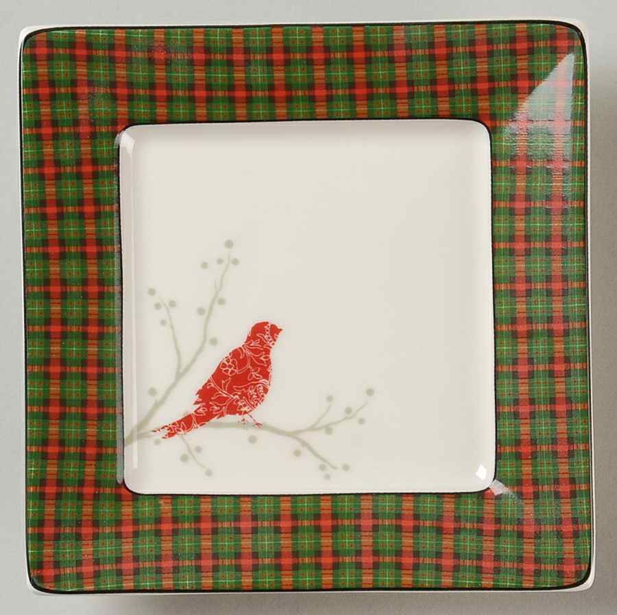 Christmas Birds Plaid Square Appetizer Plate by 222 Fifth (PTS)-1