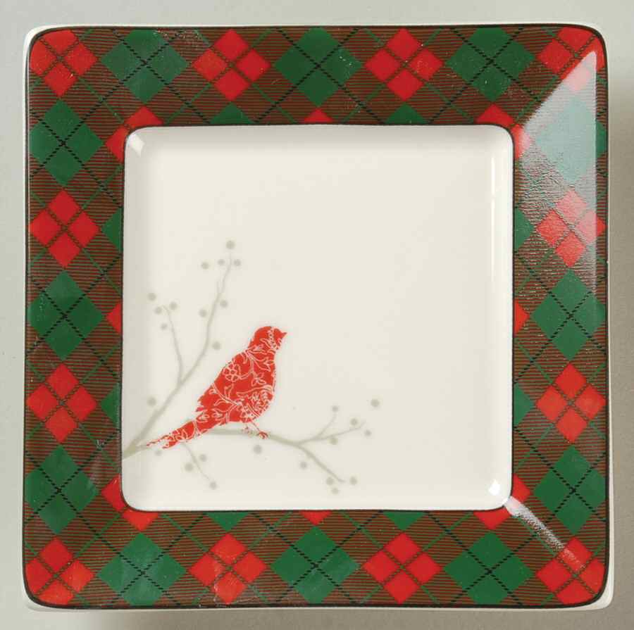 Christmas Birds Argyle Square Appetizer Plate by 222 Fifth (PTS)-1