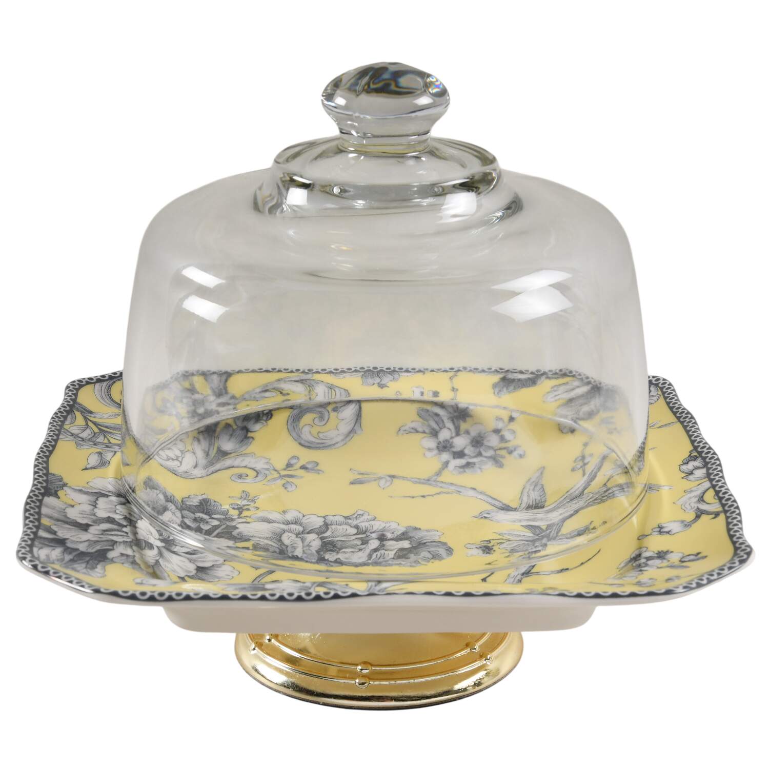 Adelaide Yellow 6 1/2"-7 1/2" Footed Cheese Plate w/ Glass Dome HC by 222 Fifth (PTS)-1