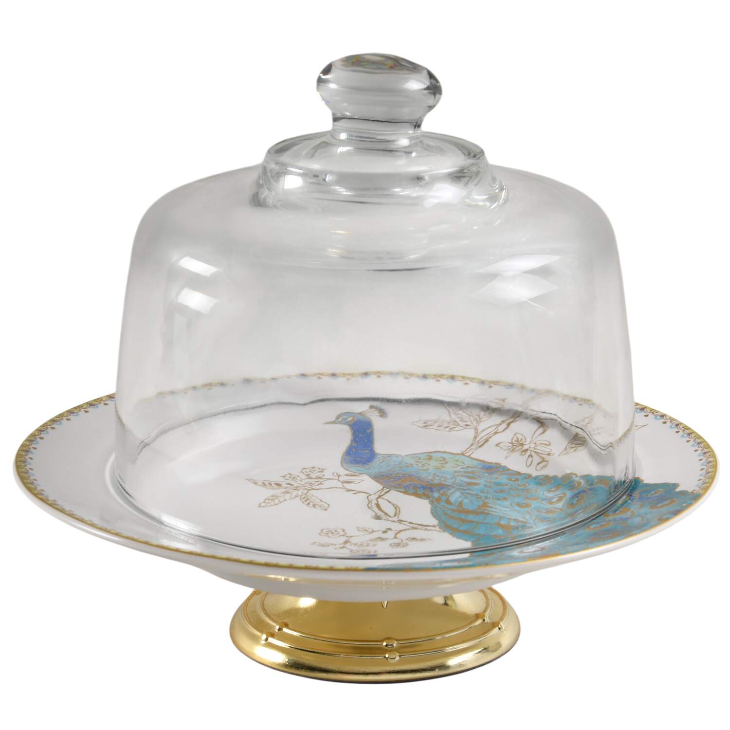 Peacock Garden 6 1/2"-7 1/2" Footed Cheese Plate w/ Glass Dome HC by 222 Fifth (PTS)-1