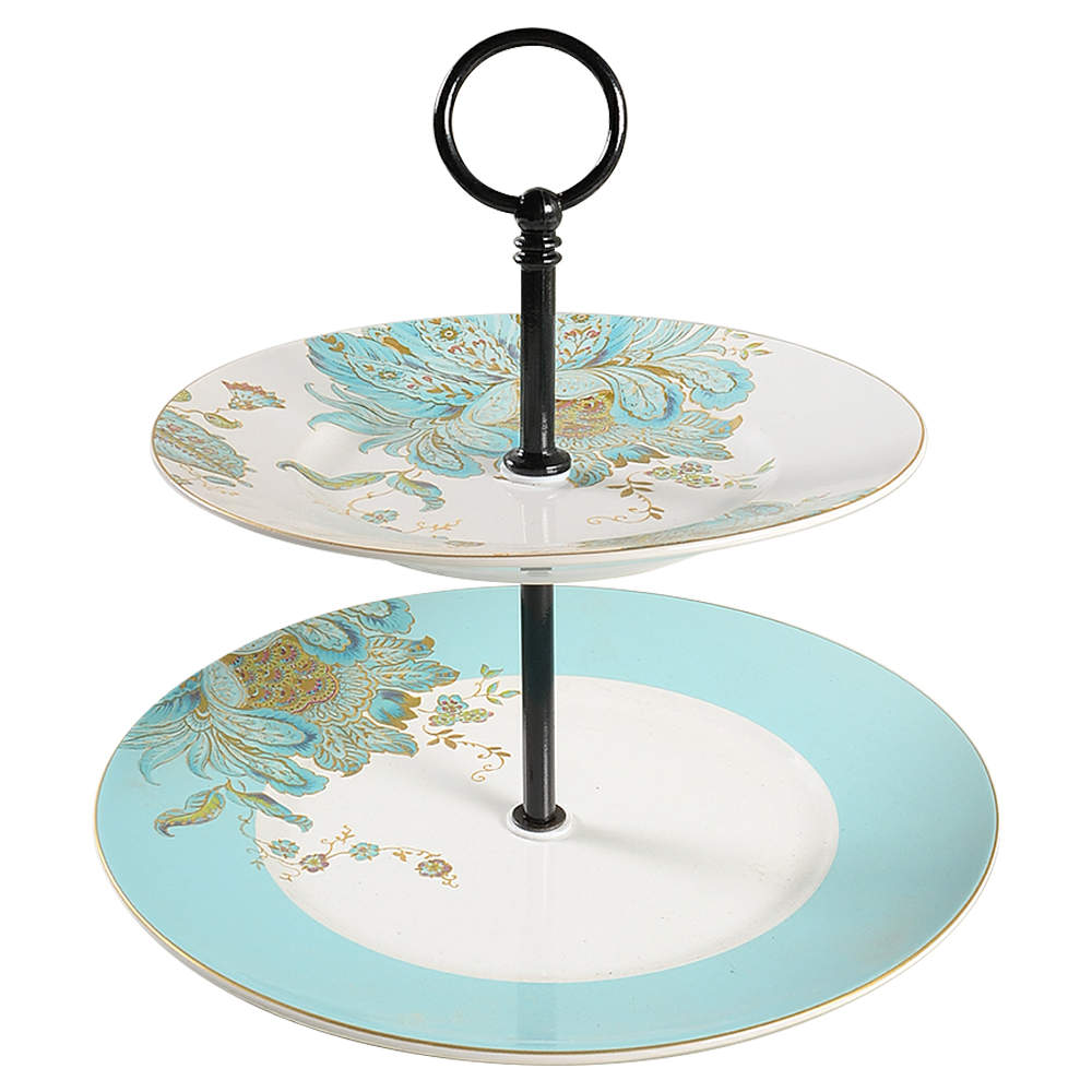 Eliza Spring Blue 2 Tiered Serving Tray (Dinner & Salad Plate) by 222 Fifth (PTS)-1