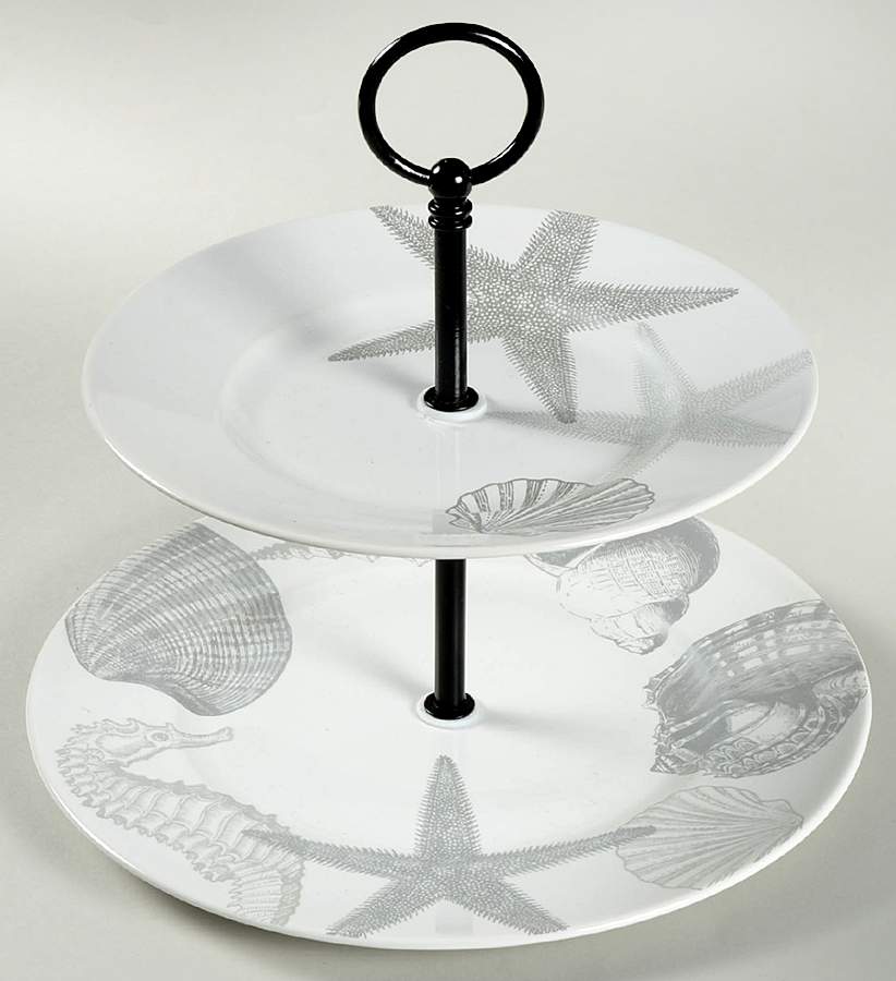 Coastal Life Silver (Gray) 2 Tiered Serving Tray (Dinner & Salad Motif 4) by 222 Fifth (PTS)-1