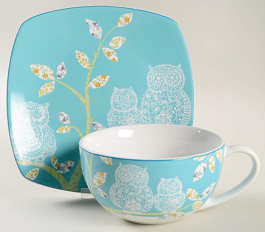 Lacy Owls Soup Mug & Square Plate Set by 222 Fifth (PTS)-1