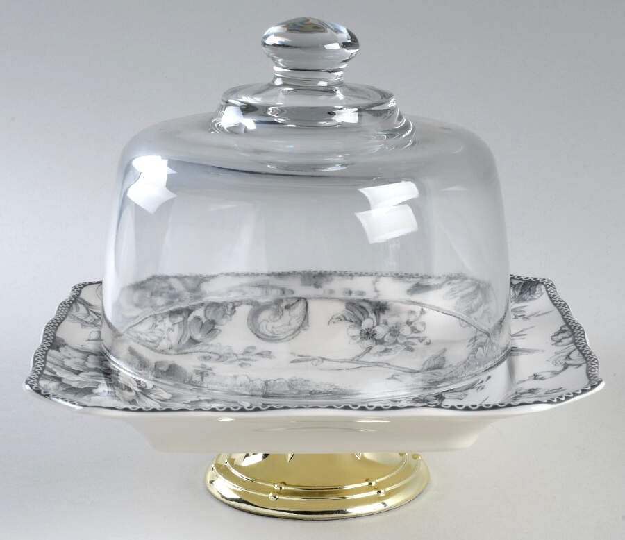 Adelaide Grey and White 6 1/2"-7 1/2" Footed Cheese Plate w/ Glass Dome HC by 222 Fifth (PTS)-1