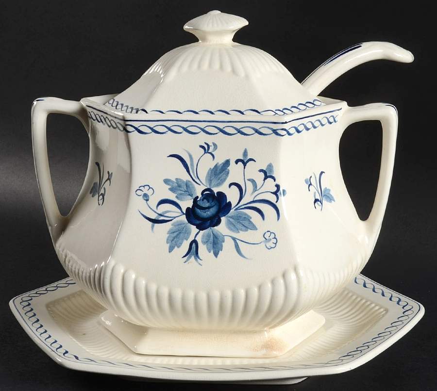 Baltic Blue (Older, Cream) Tureen & Lid w/Ladle & Underplate by Adams China-1