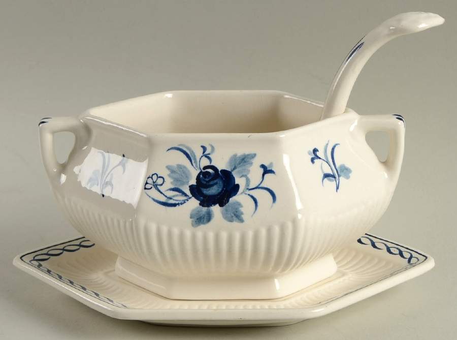 Baltic Blue (Older, Cream) Sauce Boat & Underplate with Ladle by Adams China-1