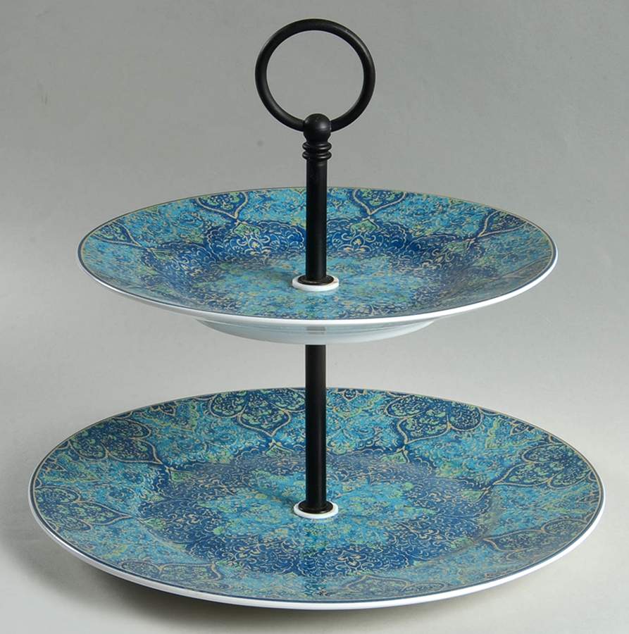 Eva Opulent Blue 2 Tiered Serving Tray (Dinner & Salad Plate) by 222 Fifth (PTS)-1