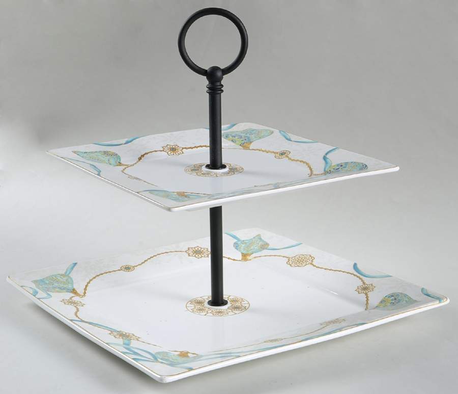 Opulent Ornaments Teal 2 Tiered Serving Tray (Dinner & Salad Plate) by 222 Fifth (PTS)-1