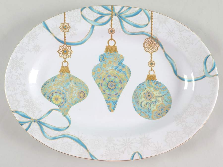 Opulent Ornaments Teal 14" Oval Serving Platter by 222 Fifth (PTS)-1