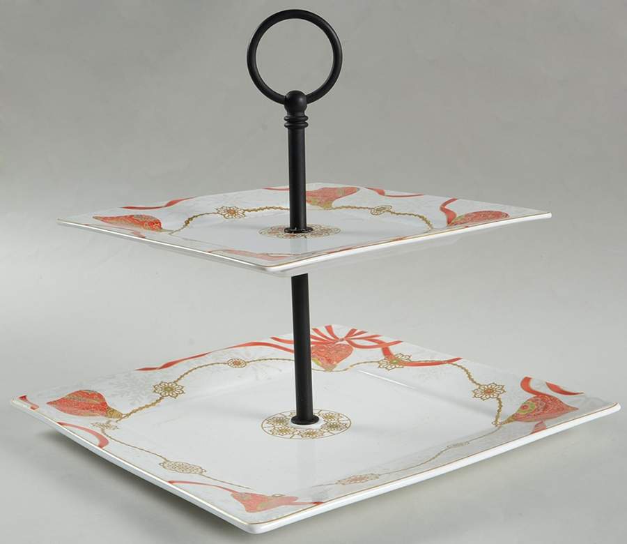 Opulent Ornaments Red 2 Tiered Serving Tray (Dinner & Salad Plate) by 222 Fifth (PTS)-1