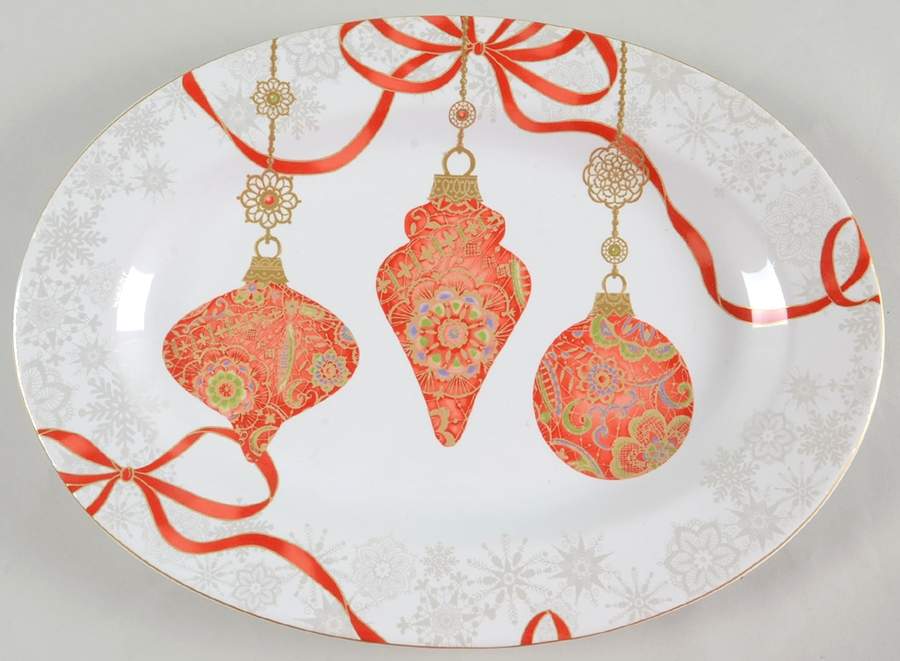 Opulent Ornaments Red 14" Oval Serving Platter by 222 Fifth (PTS)-1