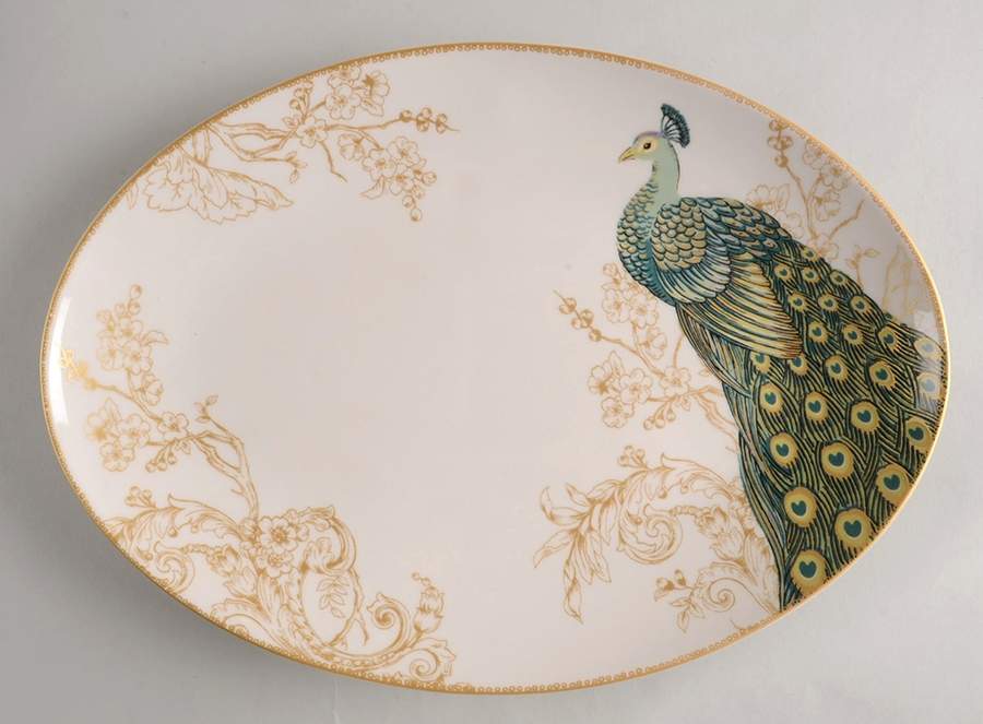 Serene Peacock 14" Oval Serving Platter by 222 Fifth (PTS)-1