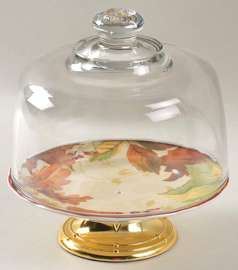 Harvest Festival Cream 6 1/2"-7 1/2" Footed Cheese Plate w/ Glass Dome HC by 222 Fifth (PTS)-1