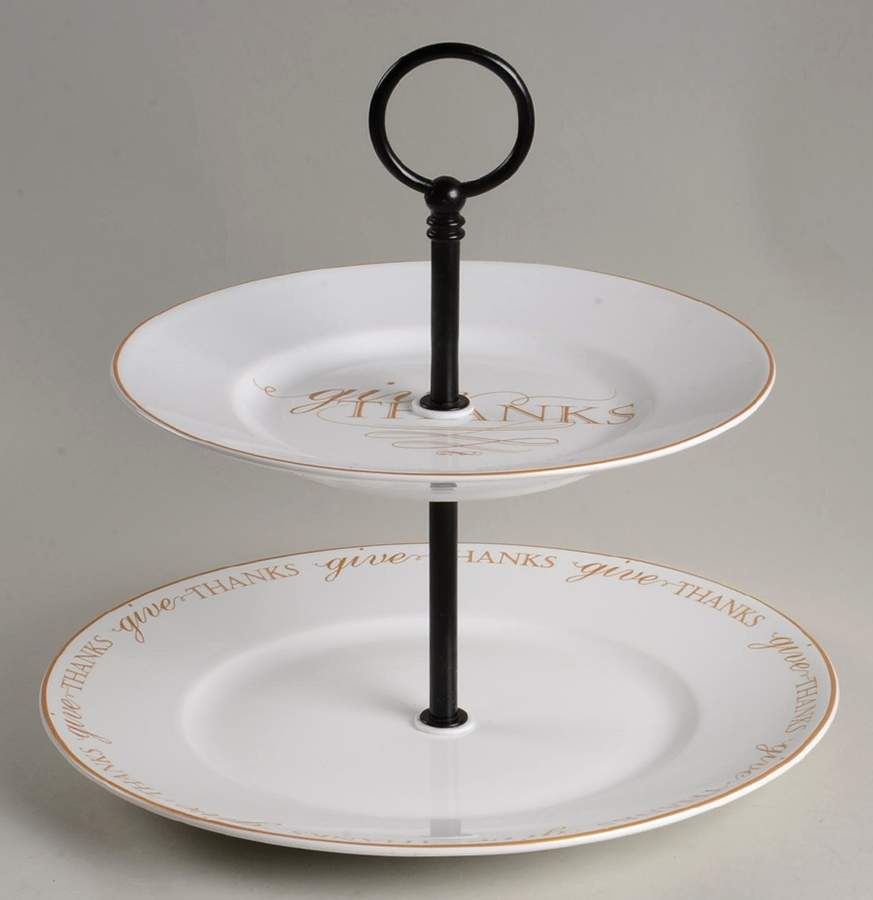 Thanksgiving Give Thanks (Gold) 2 Tiered Serving Tray (Dinner & Salad Plate) by 222 Fifth (PTS)-1