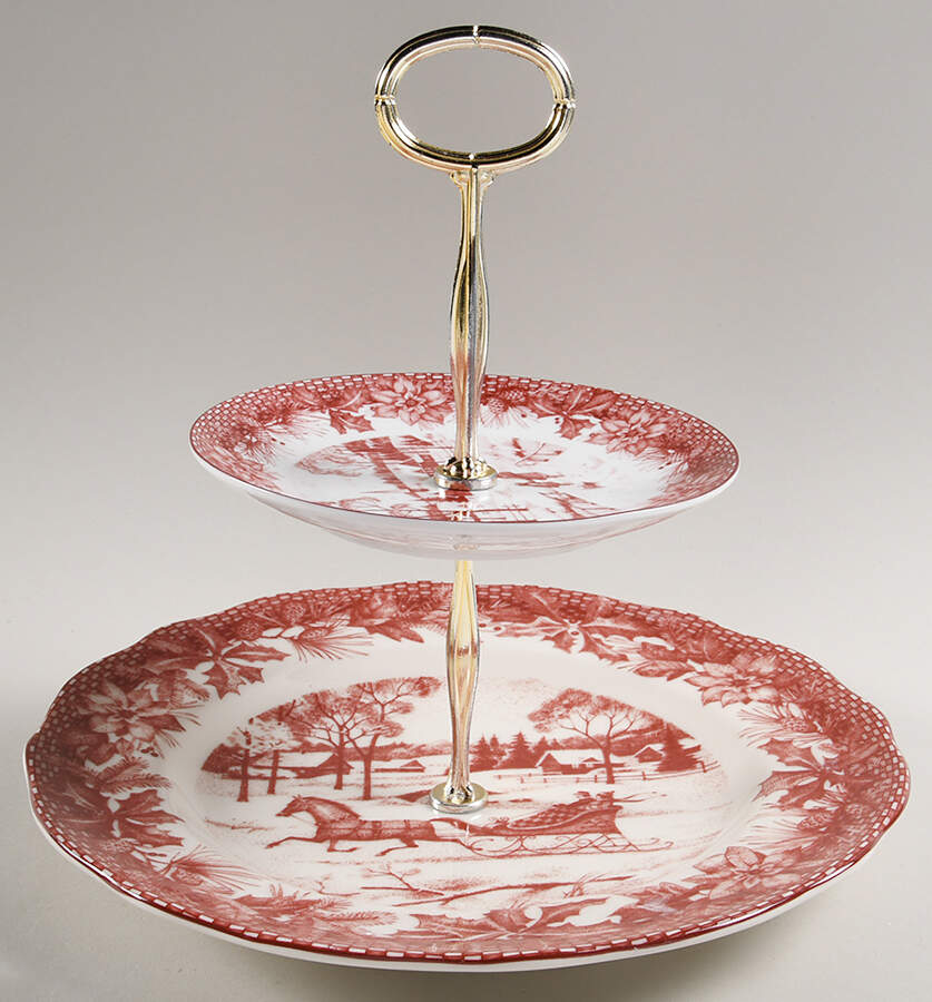 Poinsettia Toile 6 5/8"-10"  2 Tiered Serving Tray (Dp, Sp) HC by 222 Fifth (PTS)-1