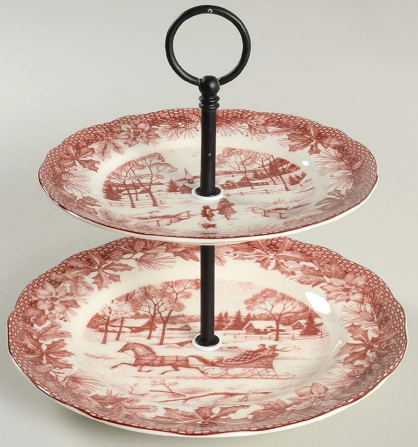 Poinsettia Toile 2 Tiered Serving Tray (Dinner & Salad Plate) by 222 Fifth (PTS)-1