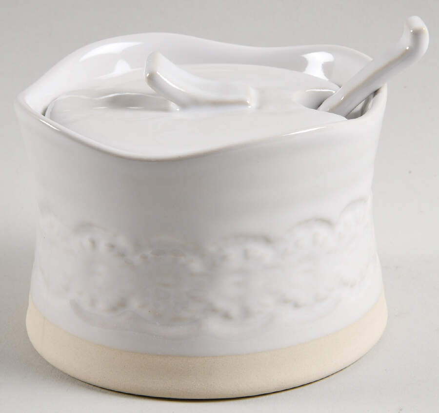 Old Havana White Sugar Bowl & Lid W/Spoon by Anthropologie-1