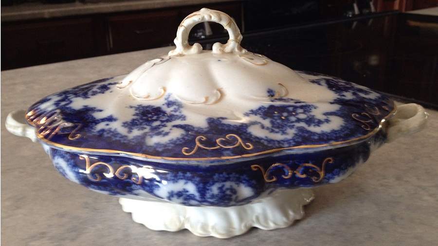 Rosetta Blue (Gold Accents) Round Covered Vegetable by Adams China-1
