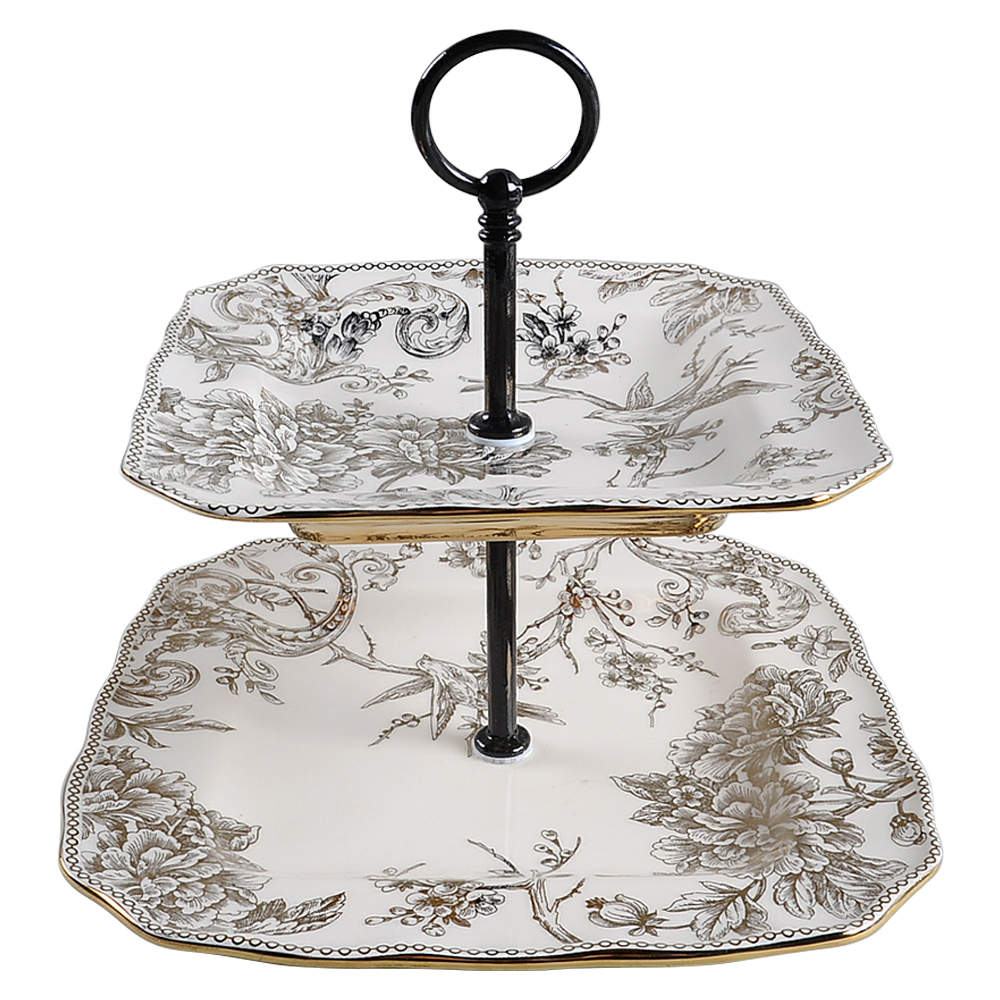 Adelaide Electroplate Gold (Shiny Gold Not Brown) 2 Tiered Serving Tray (Square Dinner&Salad Plate) by 222 Fifth (PTS)-1