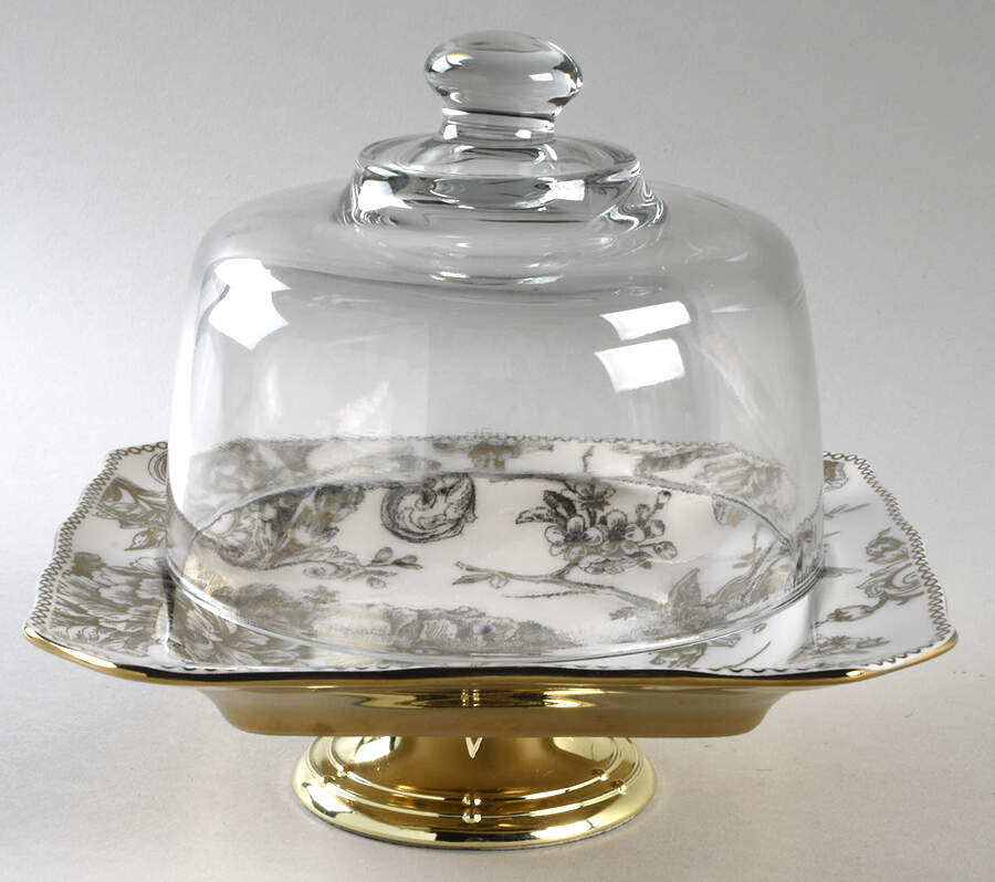 Adelaide Electroplate Gold (Shiny Gold Not Brown) 6 1/2"-7 1/2" Footed Cheese Plate w/ Glass Dome HC by 222 Fifth (PTS)-1