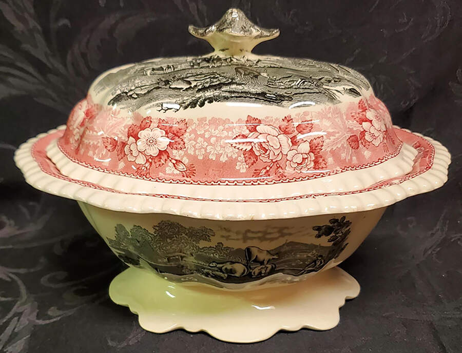 English Scenic Pink and Black Tureen &  Lid by Adams China-1
