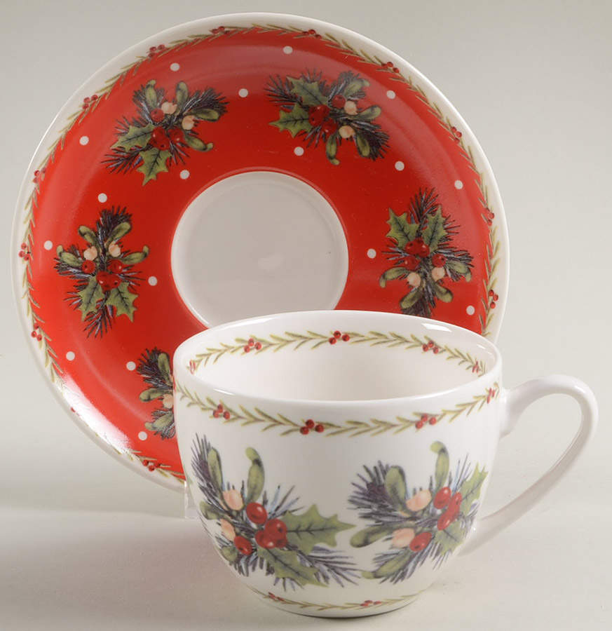 Mistletoe and Holly Flat Cup & Saucer Set by John  Aynsley & Sons-1