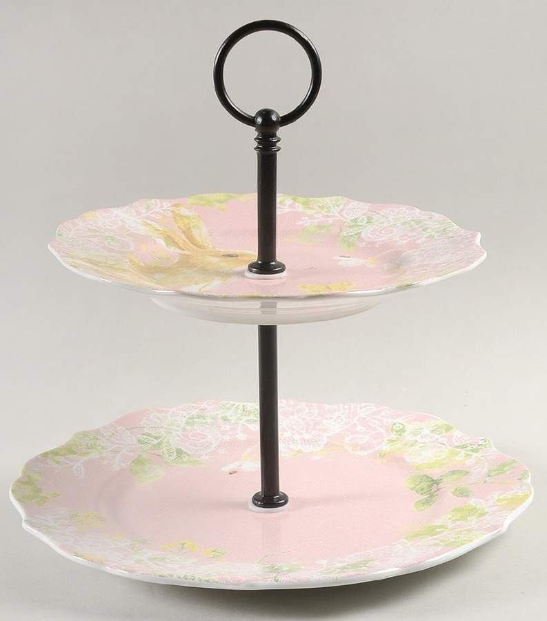 Celia Burlap Pink 2 Tiered Serving Tray (Dinner & Salad Plate) by 222 Fifth (PTS)-1