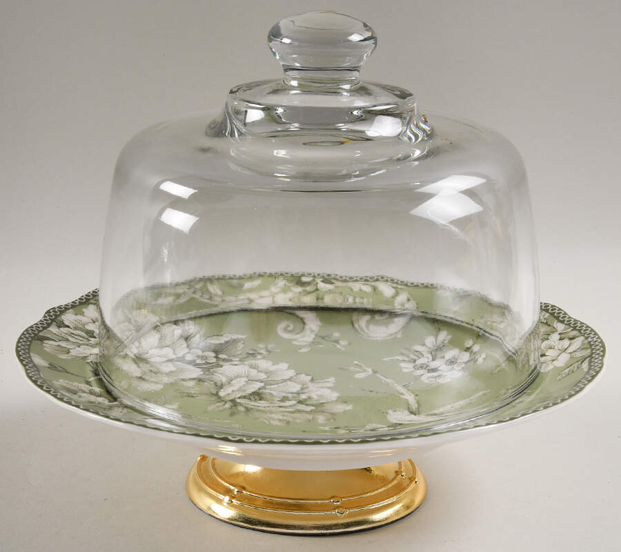 Adelaide Sage 6 1/2"-7 1/2" Footed Cheese Plate w/ Glass Dome HC by 222 Fifth (PTS)-1