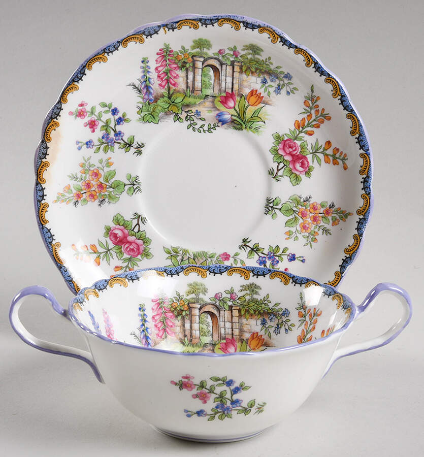 Wilton (Scalloped, Purple Trim) Footed Cream Soup Bowl & Saucer Set by John  Aynsley & Sons-1