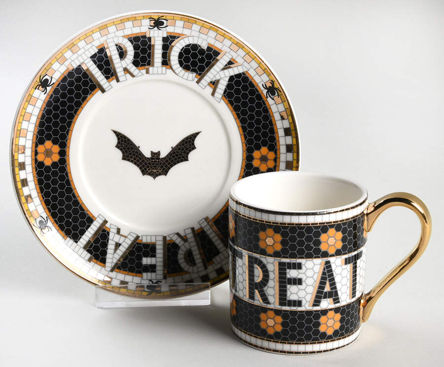 Bistro Tile Halloween Espresso Cup and Saucer Set by Anthropologie-1