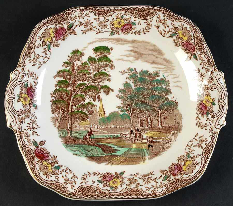Olde England Brown Multicolored Square Handled Cake Plate by Barker Bros Ltd-1