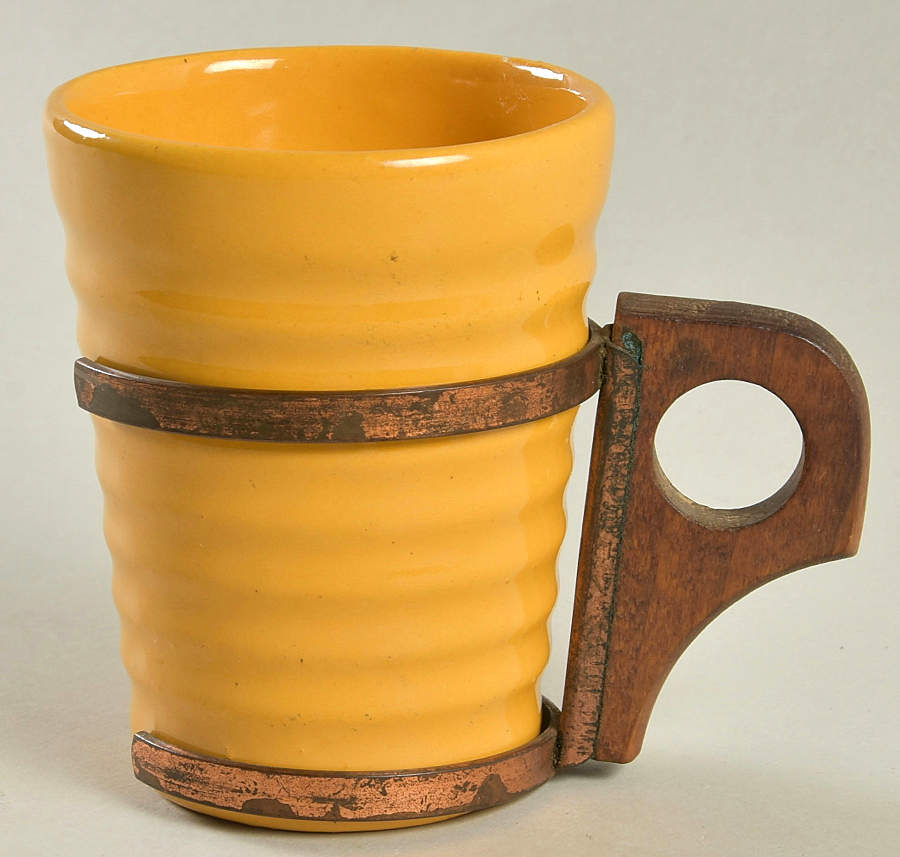 Ring Yellow (Older, Circa 1940) 6 Oz China Tumbler with Wood Handle by Bauer-1