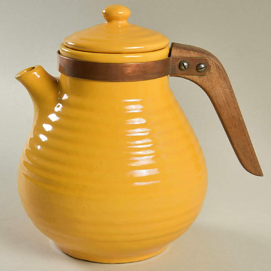 Ring Yellow (Older, Circa 1940) Wood Handle Teapot & Lid by Bauer-1